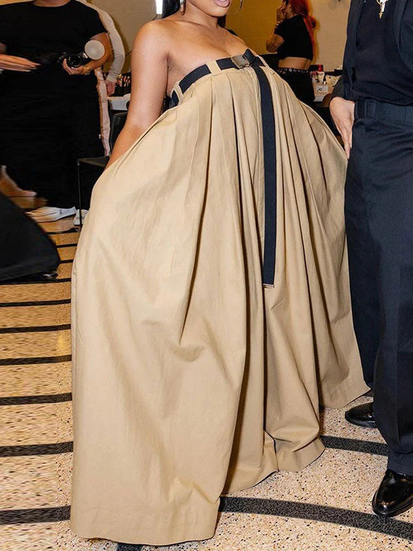 Loose Sleeveless Belted Pleated Pockets Solid Color Tube Jumpsuits