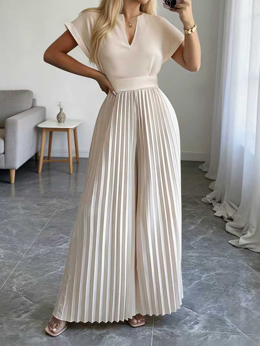 Loose Short Sleeves Pleated Solid Color Split-Joint V-Neck Jumpsuits