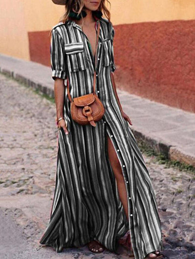 Long Sleeves Loose Split-Joint Striped Lapel Maxi Dresses Shirt Dress