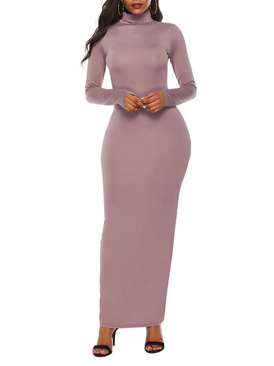 Bodycon Long Sleeves Solid Color High Neck Maxi Dresses
