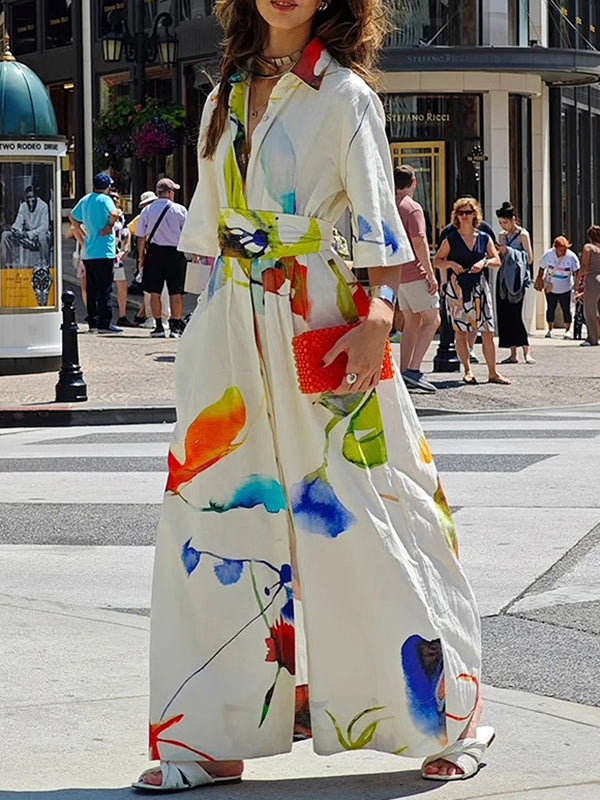 Half Sleeves Loose Asymmetric Printed Split-Joint Tied Waist Lapel Maxi Dresses Shirt Dress