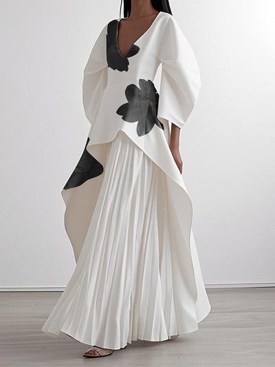 A-Line Loose Flower Print Pleated V-Neck Maxi Dresses