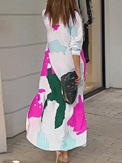 Loose Wrap Buttoned Contrast Color Pockets Printed Split-Side Shirt Dress