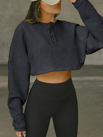 Long Sleeves Loose Solid Color Split-Joint Round-Neck Sweatshirt Tops