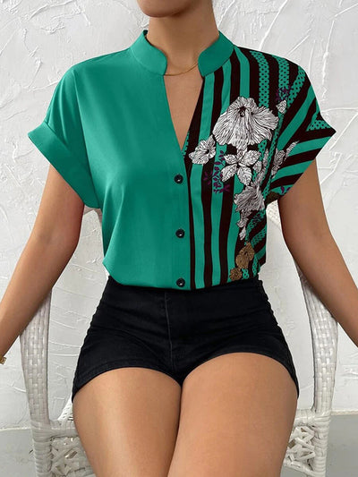 Loose Short Sleeves Buttoned Contrast Color Flower Print Striped V-Neck Blouses&Shirts Tops
