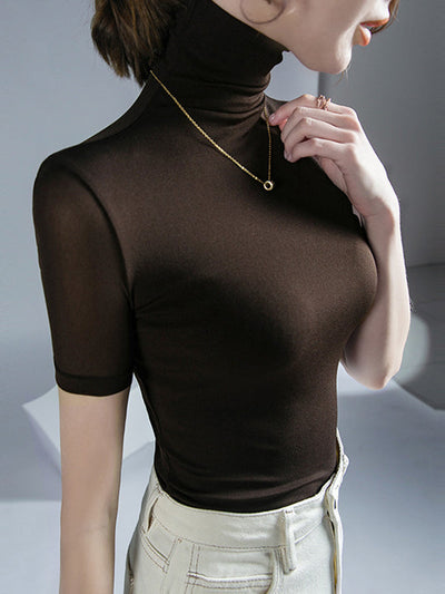 Half Sleeves Skinny Solid Color High Neck T-Shirts Tops