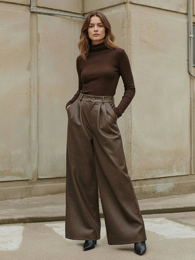 High Waisted Leather-Like Wide Leg Pants