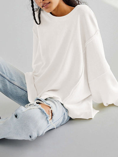 Long Sleeves Loose Fringed Solid Color Split-Joint Split-Side Round-Neck Sweatershirt