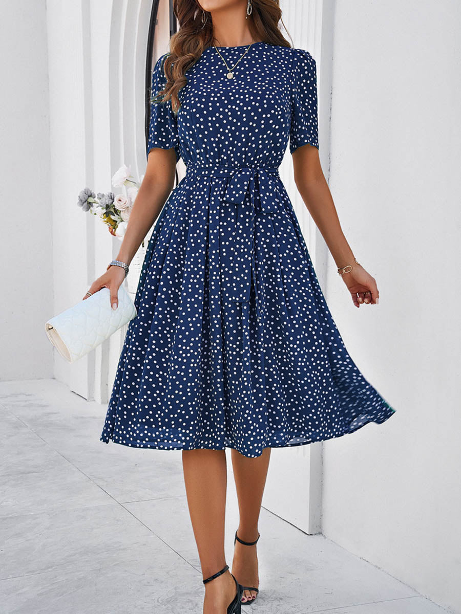 A-Line Elasticated Waist Contrast Color Polka Dot Split-Joint Tied Waist Round-Neck Midi Dresses
