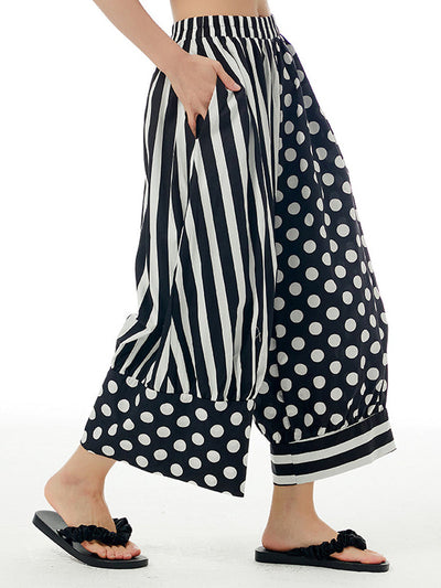 Loose Wide Leg Contrast Color Elasticity Polka-Dot Split-Joint Striped Cropped Trousers Pants