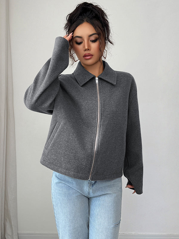 Long Sleeves Loose Solid Color Zipper Lapel Outerwear