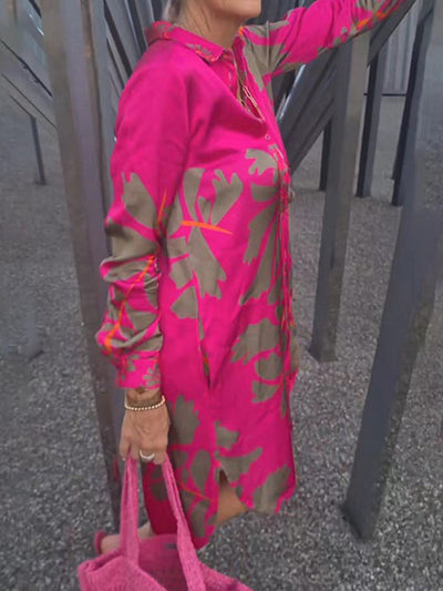 High Waisted High-Low Buttoned Pockets Printed Split-Joint Lapel Midi Dresses Shirt Dress