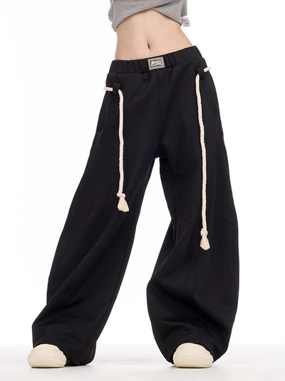 High Waisted Loose Drawstring Elasticity Pockets Solid Color Pants Trousers