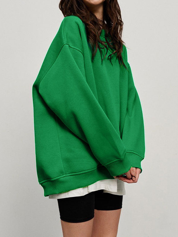 Long Sleeves Loose Solid Color Round-Neck Sweatshirt Tops