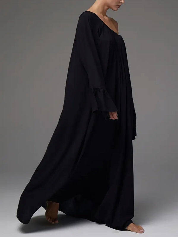 Flared Sleeves Loose Pleated Solid Color Split-Joint Round-Neck Maxi Dresses