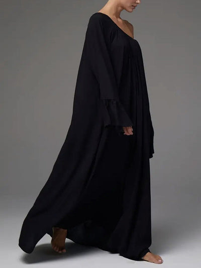 Flared Sleeves Loose Pleated Solid Color Split-Joint Round-Neck Maxi Dresses