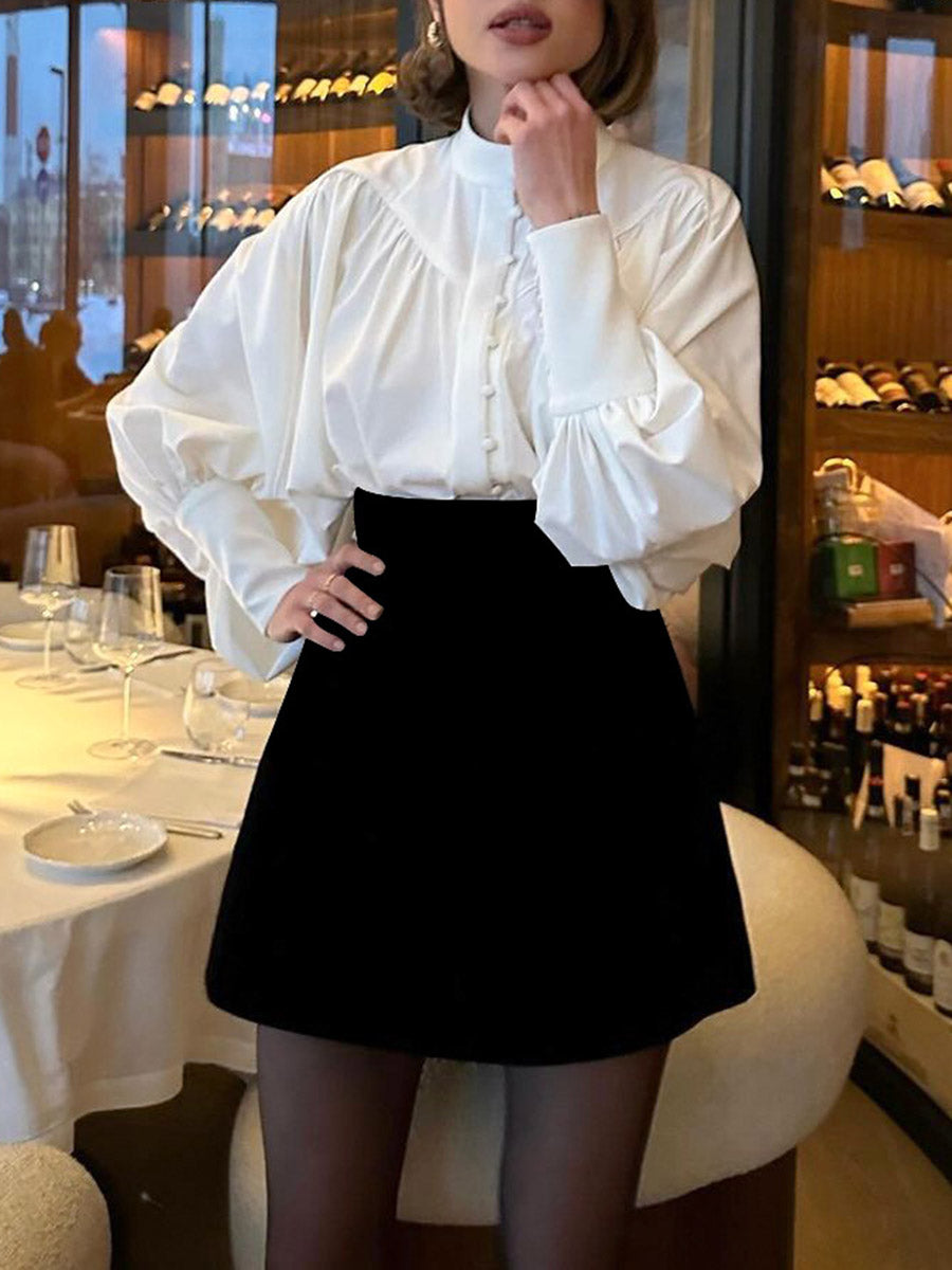 Long Sleeves Loose Buttoned Pleated Solid Color Split-Joint Stand Collar Blouses&Shirts Tops
