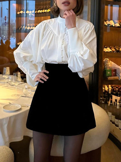 Long Sleeves Loose Buttoned Pleated Solid Color Split-Joint Stand Collar Blouses&Shirts Tops