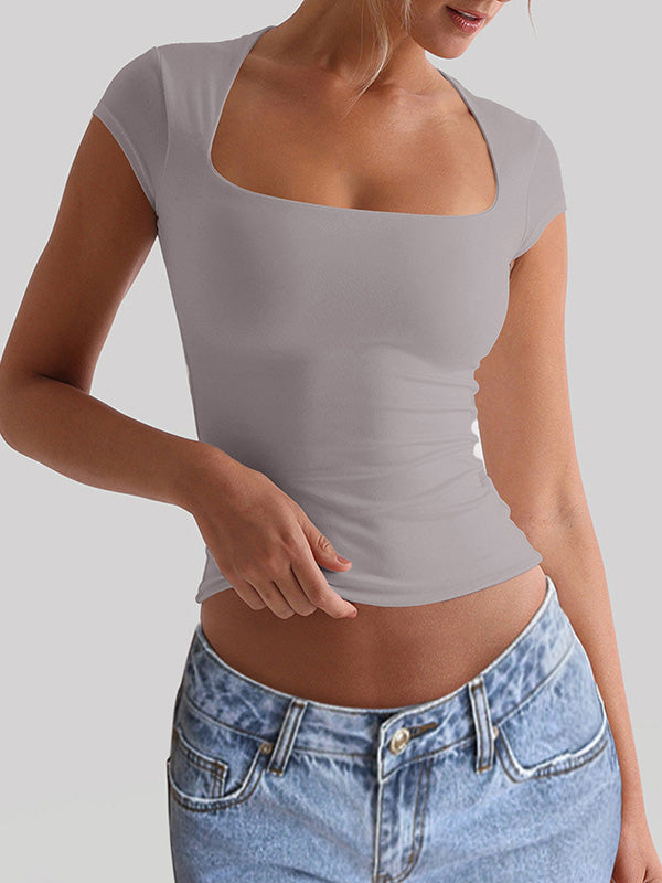 Short Sleeves Skinny Solid Color Square-Neck T-Shirts Tops