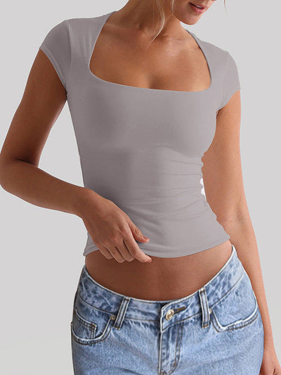Short Sleeves Skinny Solid Color Square-Neck T-Shirts Tops