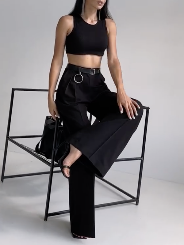 High Waisted Loose Pleated Solid Color Split-Joint Suit Pants Trousers