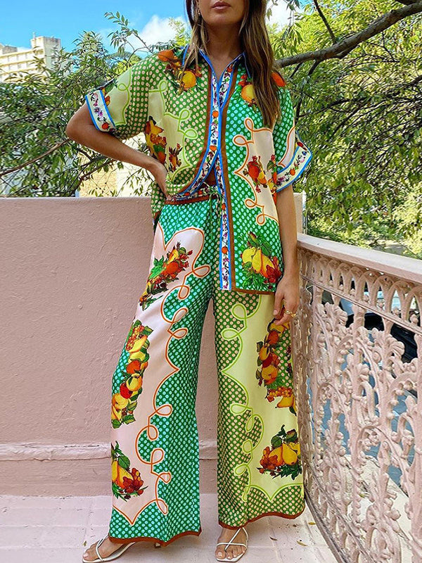 Loose Short Sleeves Contrast Color Floral Printed Lapel Shirt Top&Pants Two Pieces Set