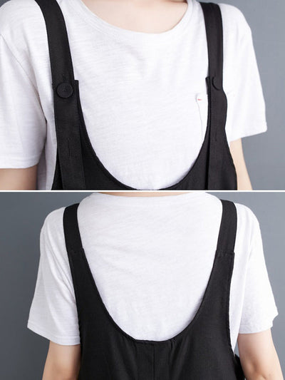 Ninth Pants Wide Leg Buttoned Solid Color Spaghetti-Neck Overalls