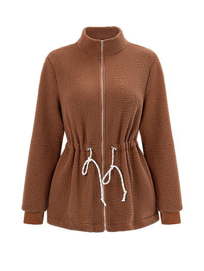 Long Sleeves Loose Drawstring Solid Color Velvet Zipper Stand Collar Outerwear