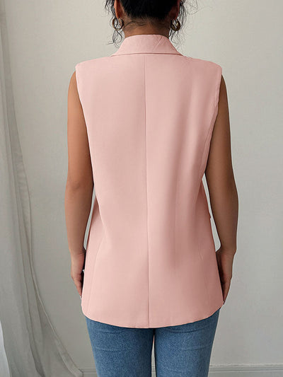 Loose Sleeveless Buttoned Pockets Notched Collar Blazer Vest Top