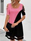 A-Line Loose Contrast Color Hollow Mesh Split-Joint Cold Shoulder Mini Dresses