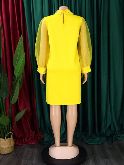 Puff Sleeves Beads Mesh Solid Color Split-Joint Round-neck Midi Dresses