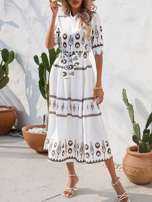 A-Line Half Sleeves Buttoned Tied Waist Lapel Midi Dresses