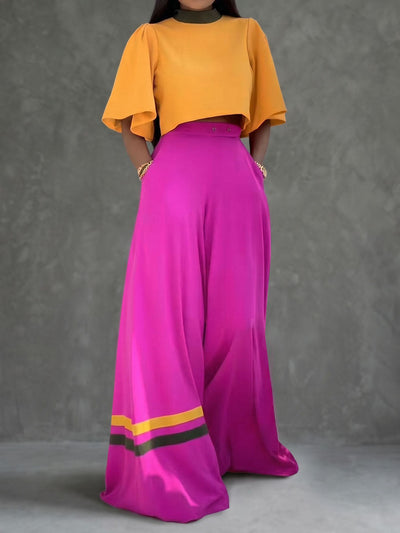 High Waisted Wide Leg Buttoned Contrast Color Pockets Pants Trousers