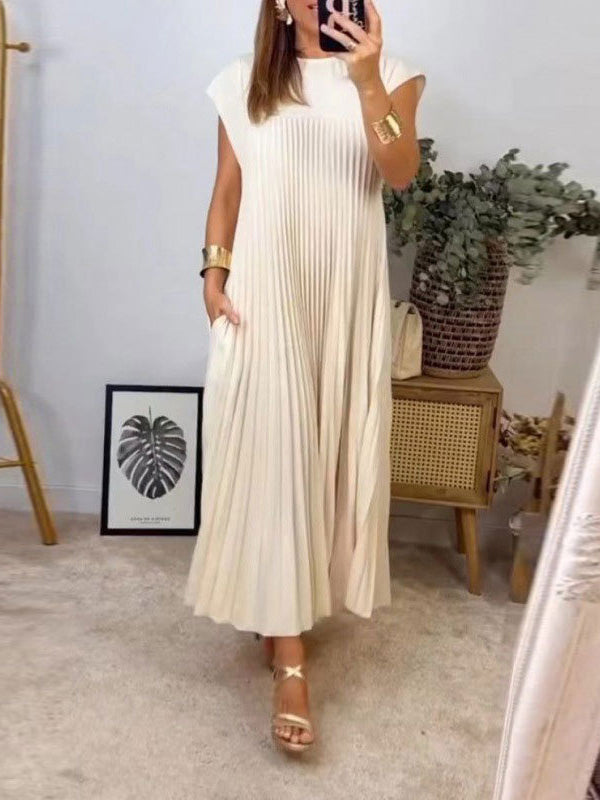 A-Line High Waisted Pleated Pockets Solid Color Split-Joint Round-Neck Maxi Dresses