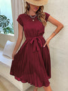 A-Line Loose Pleated Solid Color Tied Waist Round-Neck Midi Dresses