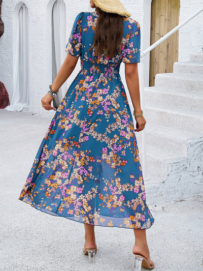 A-Line Elasticated Waist Contrast Color Flower Print Pleated Split-Joint V-Neck Maxi Dresses
