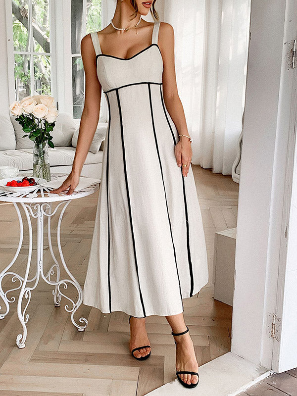 A-Line High Waisted Contrast Color Zipper Spaghetti-Neck Midi Dresses