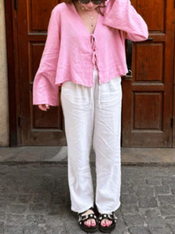 Lace-Up Solid Color V-Neck Blouses&Shirts Tops