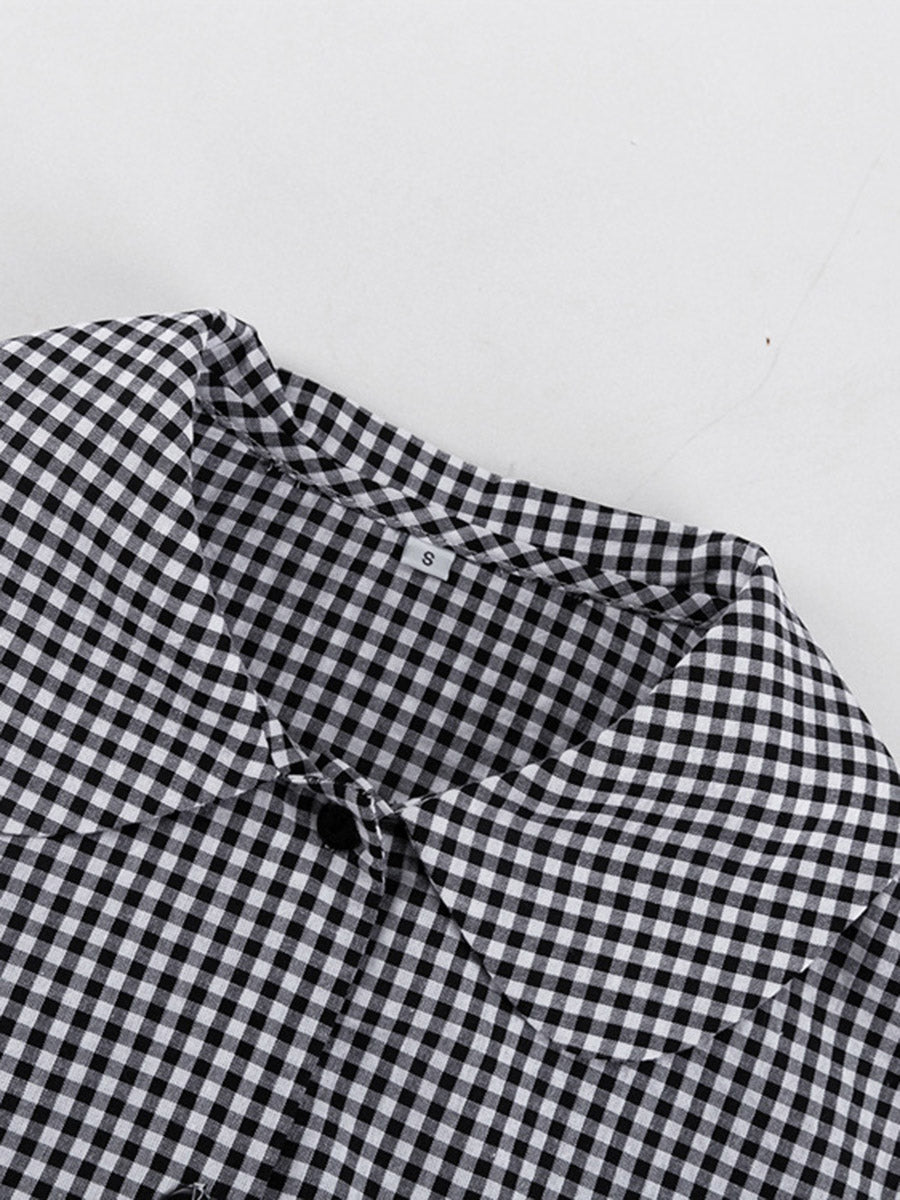 Loose  Contrast Color Plaid Ruffled Split-Joint  Long Sleeves Buttoned Lapel Blouses&Shirts Tops + Pants Two Pieces Set