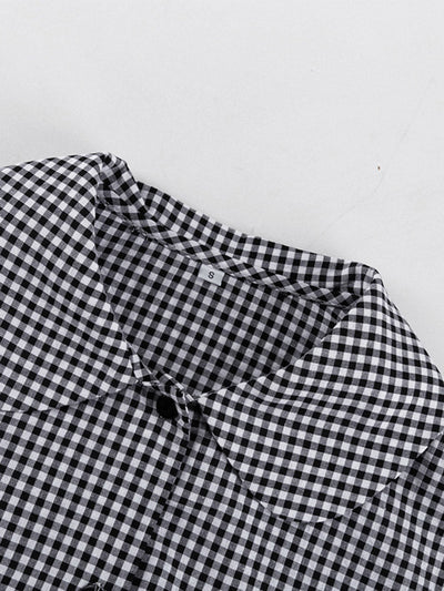 Loose  Contrast Color Plaid Ruffled Split-Joint  Long Sleeves Buttoned Lapel Blouses&Shirts Tops + Pants Two Pieces Set