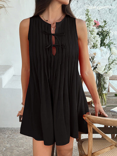 A-Line Loose Pleated Solid Color Tied Round-Neck Mini Dresses Vest Top
