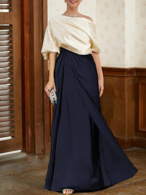 Half Sleeves Loose Asymmetric Contrast Color Pleated Split-Joint One-Shoulder Evening Dresses Maxi Dresses
