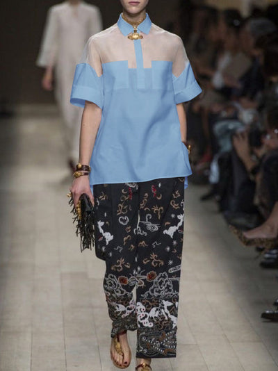 Short Sleeves See-Through Solid Color Split-Joint Lapel Blouses&Shirts Tops