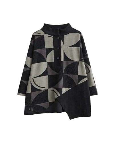 Long Sleeves Asymmetric Buttoned Printed Stand Collar Sweatshirt Top + Harem Pants Pants Bottom Two Pieces Set