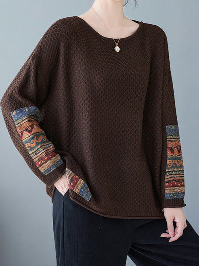 Long Sleeves Loose Printed Split-Joint Round-Neck Pullovers Sweater Tops