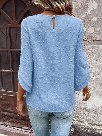 Loose Three-Quarter Sleeves Hollow Jacquard Split-Joint Round-Neck T-Shirts