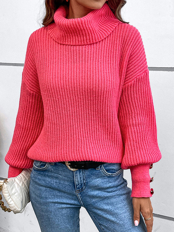 Long Sleeves Loose Buttoned Solid Color Split-Joint High Neck Pullovers Sweater Tops