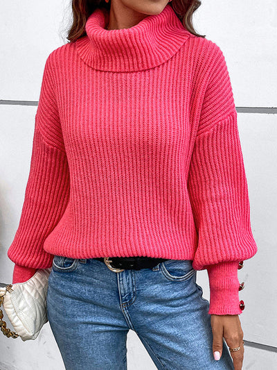 Long Sleeves Loose Buttoned Solid Color Split-Joint High Neck Pullovers Sweater Tops