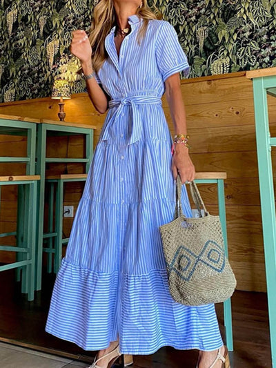 High Waisted Short Sleeves Buttoned Pleated Striped Tied Waist Lapel Maxi Dresses Shirt Dress