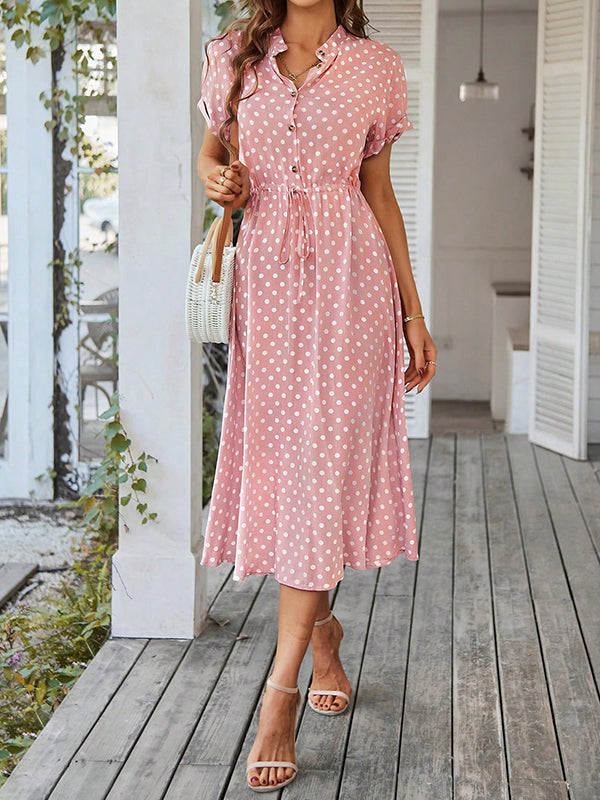 A-Line High Waisted Buttoned Drawstring Polka-Dot V-Neck Midi Dresses